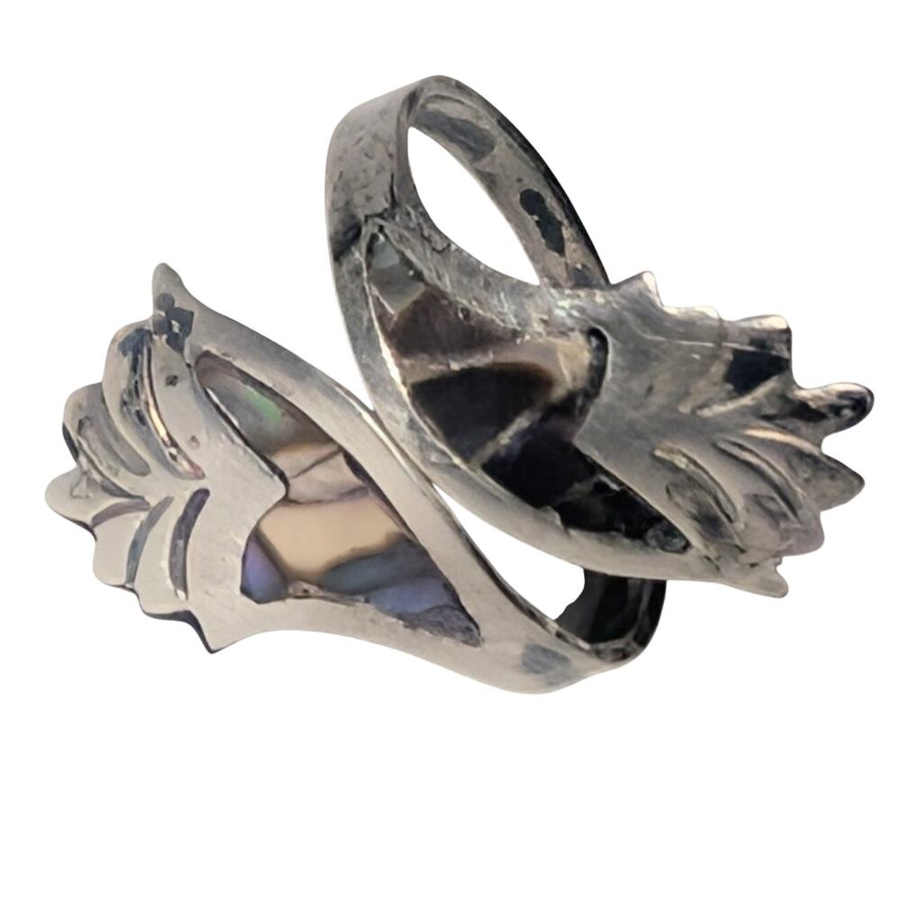 Sterling Silver Abalone Leaf Adjustable Bypass Ring Size 6 Vintage - Picture 8 of 10